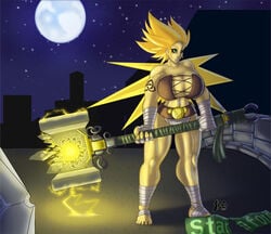 anthro big_breasts blonde_hair breasts female full-length_portrait full_length hair lurkergg muscular pokemon portrait shiny_skin solo standing thick_thighs zapdos