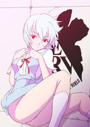ass blue_hair blush bottomless breasts clothing expressionless female legs looking_at_viewer lying medium_breasts neon_genesis_evangelion no_panties on_side pubic_hair red_eyes rei_ayanami school_uniform short_hair simple_background socks solo thighs wet