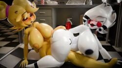 1girls 2girls animated babymoonart blush chica_(fnaf) chiku_(cryptia) five_nights_at_freddy's fredina's_nightclub marie_(cally3d) marie_(cryptia) marionette_(fnaf) puppet_(fnaf) red_blush scissoring sound tagme tribadism video white_body yellow_body yuri