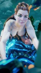 1girls aloy bare_breasts bare_nipples breasts busty busty_female eyeliner eyeshadow female female_only game_screenshot ginger_hair green_eyes horizon_forbidden_west horizon_zero_dawn large_breasts looking_at_viewer night nude_female nude_mod riding smiling smiling_at_viewer