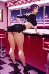 1girl ai_generated ass black_footwear black_jacket black_skirt breasts chained_soldier checkered checkered_background checkered_floor cropped_jacket full_body grin hi_res high_heel_boots high_heels high_quality high_resolution indoors jacket kiraamane looking_at_viewer looking_back midriff miniskirt patreon pencil_skirt purple_hair race_queen red_eyes seductive sexy shiny short_hair skirt smile solo standing tile_floor tiles uncensored watermark yakumo_ezo