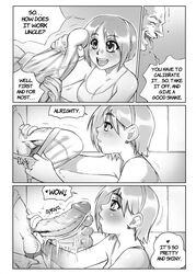 age_difference blush breasts clothed clothed_female comic dialog english english_text erection female handjob handjob_over_clothes happy large_breasts male melkor_mancin monochrome pants_down penis sidney sidney_(comic) sidney_swanson smile teen testicles text uncensored uncle_and_niece young