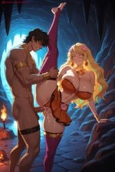 1boy 1girl ai_generated bare_shoulders bikini black_hair blonde_hair blush bracelet breasts choker cleavage closed_eyes dark_skin earrings erection flower goa_minagawa hair_flower hair_ornament hetero hi_res high_quality high_resolution hoop_earrings huge_breasts jewelry kiraamane kizetsu_yuusha_to_ansatsu_hime long_hair mosaic_censoring navel night nipples patreon penis seductive sex sexy short_hair skirt smile standing swimsuit testicles thighhighs thighlet uncensored watermark wavy_hair