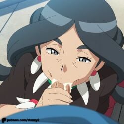 1girls black_hair breasts covered_nipples drasna_(pokemon) earrings jewelry long_hair looking_at_viewer mature_female milf necklace nintendo pokemon pokemon_xy smile solo staxxy staxxy2