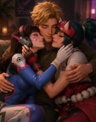 1boy 2girls ai_generated d.va grok grok_imagine group_kiss group_kissing interracial kiriko_(overwatch) kissing overwatch overwatch_2 tagme triple_kiss video