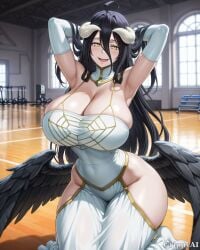 1girl 2d ai_generated albedo anime_style arms_behind_head black_hair black_wings cleavage detailed_eyes detailed_face gloves gold_chains grippyai gym high_quality horns huge_breasts indoors long_hair looking_at_viewer open_mouth overlord shiny_skin sitting smile solo white_dress white_horns yellow_eyes