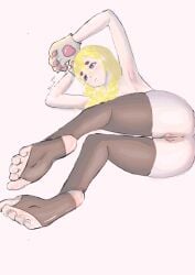 1girl absurdres animal_hands anus armpits ass barefoot blonde_hair blue_eyes breasts brown_thighhighs commentary_request feet highres michiruu non-web_source original pantyhose partial_commentary pussy self-upload short_eyebrows small_breasts solo stirrup_legwear thighhighs toeless_legwear toes