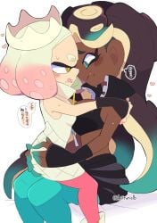 2girls blush breasts cleavage commentary_request crop_top crown dark-skinned_female dark_skin dead_source eye_contact fang female female_only from_side grabbing_another's_ass groping height_difference highres hug inkling interracial kiirono looking_at_another marina_(off_the_hook_outfit)_(splatoon) marina_(splatoon) mole mole_under_mouth multiple_girls octoling open_mouth pantyhose pantyhose_under_shorts pearl_(splatoon) shorts sitting sitting_on_lap sitting_on_person sleeveless splatoon splatoon_(series) splatoon_2 straddling suction_cups tentacle_hair translation_request upright_straddle yuri