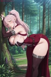 1girl ai_generated ariane_glenys_lalatoya ass bangs bare_shoulders black_legwear blush breasts cleavage detached_sleeves dress gaikotsu_kishi-sama_tadaima_isekai_e_o_dekake-chuu hi_res high_quality high_resolution kiraamane large_breasts long_hair looking_at_viewer patreon pink_hair pointy_ears ponytail red_dress seductive sexy silver_hair solo thighhighs thighs tree uncensored watermark yellow_eyes