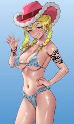 1girls armwear big_breasts bikini bikini_top blonde_hair blue_shorts bottomwear braid braided_hair breasts cleavage cow_print cow_print_bikini cowboy_hat female female_only freckles freckles_on_face gloves hair hat headwear huge_breasts kitt_(pokemon) light-skinned_female pokemon pokemon_champions rucola_(pokemon) smile solo solo_female swimwear thighs topwear