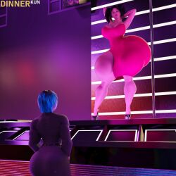 asian asian_female dinner-kun dress giantess gigantic_ass hands_behind_head looking_at_another platform_heels rae_(dinner-kun) stacy_(dinner-kun) thick_thighs