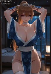 1girl ai_generated arm_guards armor armpits arms_behind_head arms_up artist_name bangs bare_shoulders bed bedroom blue_kimono blurry_background blush breasts brown_eyes brown_hair choker clavicle cleavage closed_mouth clothing collarbone cowboy_shot dead_or_alive dead_or_alive_5 female female_only floral_print hair_between_eyes high_ponytail indoors japanese_clothes kasumi_(doa) kimono lamp large_breasts legwear lips long_hair looking_at_viewer makeup night ninja no_panties obi off_shoulder patreon_username pelvic_curtain pillow ponytail ribbon robe sash short_sleeves skindentation smile solo standing thighhighs thighs traditional_clothes vantawaifu wafuku white_choker white_legwear white_thighhighs wide_sleeves yoimiya_(genshin_impact)