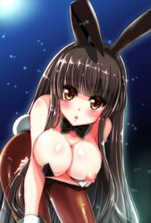 black_bow black_hair blush bow breasts brown_eyes bunny_ears bunny_girl bunny_suit bunny_tail kaguya_houraisan long_hair nipples open_mouth touhou