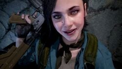 1girls 3d beauty_mark black_hair blue_eyes call_of_duty dialogue female gun helen_park_(cod) implied_handjob looking_at_viewer mole offscreen_character offscreen_handjob offscreen_male petplay rifle sound tagme talking_to_viewer video yellowbea