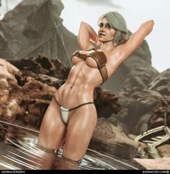 1girls 3d abdominals armpits athletic_female bathing bra breasts cd_projekt_red ciri female freckles freckles_on_face green_eyes jizzmasterzero light-skinned_female light_skin looking_at_viewer mascara outdoors scar solo solo_female tattoo the_witcher_(series) the_witcher_3:_wild_hunt thong wet_body white_hair