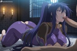 1boy 1girl ai_generated akiyama_rinko all_fours ass barefoot blue_hair bodysuit breasts candle candlelight clothed_female_nude_male digitalwaifugallery erection fellatio hair_between_eyes hetero hi_res high_quality high_resolution indoors large_breasts long_hair night nipples nude oral paizuri patreon patreon_username penis ponytail purple_bodysuit purple_eyes seductive sexy solo_focus taimanin_(series) teeth torn_bodysuit torn_clothes uncensored very_long_hair watermark