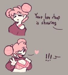 aboredsnek bra_strap_is_showing_(meme) daisy_(peargor) pink_bra pink_hair shirt_lift tagme
