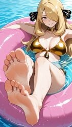 1girls ai_generated beach bikini blonde blonde_female blonde_hair creatures_(company) cynthia_(pokemon) feet female female_only foot_focus game_freak gold_bikini golden_bikini in_water light-skinned_female light_skin nintendo outdoors pokemon pokemon_bdsp pokemon_dppt pool_float self_upload soles solo solo_female toes