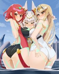 3girls ass ass_cleavage ass_crack asymmetrical_docking big_ass big_breasts blonde-haired_female blonde_female blonde_hair breast_docking breasts canon_couple cat_ears catgirl choker competition_swimsuit crown deep_skin docking ether_lines face_on_breast facial_markings fangs female female_focus female_only glowing_markings glowing_tattoo gold_eyes grabbing grabbing_another's_ass grabbing_ass grabbing_own_ass hip_vent hips hips_wider_than_shoulders large_ass large_breasts legendsnjk light-skinned_female light_skin long_hair looking_at_viewer married married_female mythra nia one-piece_swimsuit polyamory pressing_breast_on_partner pressing_breasts pressing_breasts_together pyra queen_nia red-haired_female red_hair resting resting_on_partner ring sharp_teeth short_hair smug smug_expression smug_face smug_grin squish squished_breasts sundress swimsuit thick_ass thick_thighs thigh_strap thighs tiara wedding_ring white_hair xenoblade_(series) xenoblade_chronicles_2 xenoblade_chronicles_3