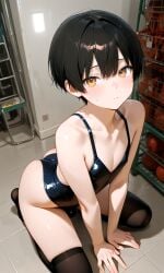 ai_generated black_hair boy crossdressing femboy socks swimwear yellow_eyes