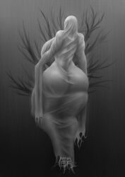1girls 2d artist_signature ass ass_bigger_than_head background bedsheet_ghost big_ass borisfed clothed clothed_female curvy digital_media_(artwork) female female_only full-length_portrait full_body ghost ghost_girl hourglass_figure looking_away loose_clothes monochrome sheet_ghost solo solo_female standing thick_ass thick_thighs