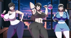 3girls abs adelina_(balisk) athorment_oc balisk_oc before_sex before_transformation big_ass big_breasts black_hair blue_eyes breasts_bigger_than_head cameltoe celestina_(balisk) clothed clothed_female ed-jim female female_focus female_only hand_on_hip heterochromia imminent_sex long_hair looking_at_viewer multiple_females muscular_female pinup potion potion_bottle selia_(balisk) short_hair sisters smile_at_viewer tagme tattooed_arm