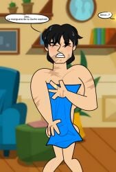 1boy black_hair bulge_through_towel conpletely_nude_male dialogue disventure_camp gay male_only psexdumbass scar spanish suggestive text thomas_reed tom_(disventure_camp) toony towel wet wet_hair yaoi