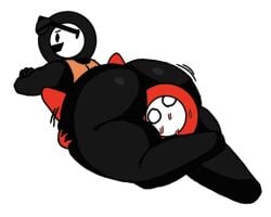 2boys arms_crossed ass_bigger_than_head ass_focus big_ass black_body chunkylous chunkylous_(artist) circle_head headlock_with_thighs no_feet orange_tank_top red_body smaller_male stickman struggling sunglasses surprised_eyes sweating tagme this_is_fine white_eyes