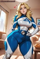 1girl ai_generated blonde_female blonde_hair blue_eyes cameltoe dreamcoreai dreamcoreart fantastic_four invisible_woman large_breasts sexy_pose skinsuit sue_richards sue_storm thick_thighs uniform voluptuous wide_hips