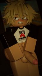 1boy 3d ass balls blonde_hair bottomless crop_top femboy hoover_(hooverrr34) hooverrr34 horny messy_hair penis raglan_sleeves roblox self_upload shirt tagme