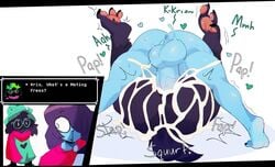 2021 2boys 2d anthro anthro_male anthro_penetrated balls black_body black_fur blue_body blue_skin bodily_fluids bovid caprine cum deltarune english_text eyewear from_front_position fur furry furry_male gay genital_fluids genitals girly glasses goat heart hi_res human human_male human_on_anthro human_penetrating human_penetrating_anthro humanoid humanoid_male instant_loss_2koma interspecies kris_(deltarune) male male/male male_only male_penetrated male_penetrating male_penetrating_male mammal mammal_humanoid mating_press pawpads penetration penis ralsei scarf sex text undertale_(series) velveteksotica video_games yaoi