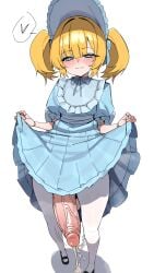 1girl absurdres blonde_hair blush closed_mouth clothes_lift cum dress dress_lift ejaculation futanari heart highres huge_penis imkay_3 lifting_own_clothes original pantyhose penis puffy_short_sleeves puffy_sleeves short_sleeves simple_background smile solo spoken_heart standing uncensored veins veiny_penis white_background white_pantyhose
