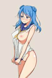 areolae blue_eyes blue_hair blush bottomless breast_slip breasts erect_nipples female kantai_collection large_breasts long_hair nipples one_breast_out pussy school_uniform shirt_tug solo torn_clothes uncensored urakaze_(kantai_collection)