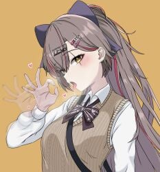 1girls blowjob_gesture bowtie clothed fellatio_gesture girls'_frontline girls'_frontline_2:_exilium grey_hair gyaru hair_ornament hair_ribbon jirai_kei leva_(girls'_frontline_2) long_hair looking_at_viewer ponytail teasing teasing_viewer tongue tongue_out ump45_(girls'_frontline) yamato3433 yellow_eyes