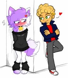 ai_generated anthro big_breasts blush blush_lines blushing blushing_female cute embarrassed embarrassed_female flirting flirting_look flirty flushed flushed_face flustered furry green_eyes heart human kit_community light-skinned_male light_skin nervous nervous_face nervous_female nori_kitty romantic romantic_couple sweater tanned tanned_male tanned_skin two-tone_body two-tone_fur