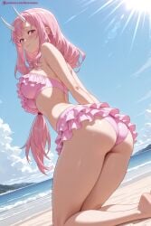 1girl ai_generated ass bangs bare_shoulders beach bikini blue_sky blush breasts closed_mouth day eyebrows_visible_through_hair frills hi_res high_quality high_resolution horns kiraamane kneeling large_breasts long_hair looking_at_viewer ocean oni_horns outdoors patreon pink_bikini pink_eyes pink_hair seductive sexy shuna_(tensei_shitara_slime_datta_ken) sky smile solo swimsuit uncensored watermark