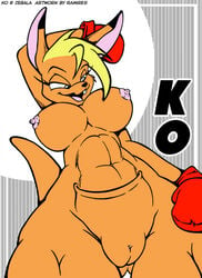 anthro blonde_hair boxing_gloves breasts fabio_paulino female furry gloves half-closed_eyes kangaroo ko ko_(fabio_paulino) mammal marsupial muscles nipples open_mouth pouch pussy ramires red_boxing_gloves red_gloves solo