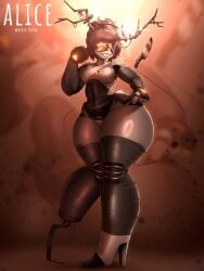 1girls alice_(murder_drones) antlers blush blushing brown_eyes brown_hair female female_focus female_only hand_on_hip heel hueleo8 knife murder_drones peg_leg robot robot_girl robot_humanoid smile smiling solo solo_female solo_focus tail thick_thighs thighs