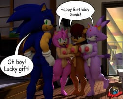 1boy 3d 3d_(artwork) 3girls amy_rose anthro ass blaze_the_cat blue_fur breasts brown_fur brown_hair chipmunk dialogue domestic_cat eyelashes felid feline female fur furry furry_female furry_male furry_only gloves hair hedgehog indoors kyosaeba looking_at_another looking_at_viewer looking_back looking_back_at_viewer male male/female/female/female mammal mature mature_female mature_male nipples open_mouth pink_fur purple_fur pussy rodent sally_acorn sega smile sonic_(series) sonic_the_hedgehog sonic_the_hedgehog_(series) tail text text_bubble white_gloves
