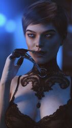 1girls 3d big_breasts black_hair blue_eyes bra breasts dead_by_daylight female female_only lace-trimmed_bra lucosmico nipples nipples_visible_through_clothing short_hair solo the_skull_merchant