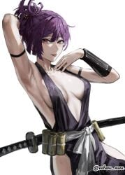1girls 2d 2d_(artwork) 2d_artwork adult adult_female arm_behind_head armband armpit armpit_crease armpit_focus armpit_peek armpits background bare_armpits bare_chest bare_hands bare_shoulders bare_skin big_boobs big_breasts blade blank_background breasts breasts_apart busty busty_female busty_girl closed_mouth_smile collarbone digital digital_art digital_drawing digital_drawing_(artwork) digital_media digital_media_(artwork) drawing elbows exposed_armpits exposed_chest exposed_shoulders exposed_skin female female_focus female_only fingers fit_female hair_between_eyes hairless_armpits hand_behind_head hand_on_chest hand_on_own_chest head_tilt inframammary_fold jigokuraku katana large_boobs large_breasts lean_figure light_smile linea_alba long_hair looking_at_viewer looking_sideways looking_to_the_side mature mature_female mature_woman midriff monotone_background narrow_waist nipple_bulge one_color_background pink-eyed_female pink_eyes plain_background ponytail portrait posing posing_for_the_viewer presenting_armpit purple-haired_female purple_hair raberu_ruru shaved_armpits short_ponytail shoulders sideboob slender_body slender_waist slight_smile slim_female slim_waist smile smiley_face smiling smiling_at_viewer solid_color_background solo standing sword thighs tied_hair tilted_head tongue tongue_out touching_chest upper_body weapon white_background woman yuzuriha_(jigokuraku)
