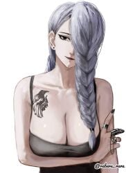 1girls 2d 2d_(artwork) 2d_artwork adult adult_female anime anime_character arm_under_breast arm_under_breasts background big_boobs big_breasts black-eyed_female black_eyes black_fingernails black_nail_polish black_nails black_tank_top black_topwear blank_background braid braided_hair braids breasts busty busty_female busty_girl chest_tattoo cleavage closed_mouth_smile collarbone digital digital_art digital_drawing digital_drawing_(artwork) digital_media digital_media_(artwork) drawing ear_piercing ear_piercings elbows fanart female female_focus female_only fingernails fingers grey-haired_female grey_hair head_tilt jujutsu_kaisen large_boobs large_breasts lean_figure light_smile long_hair looking_at_viewer mappa mature mature_female mature_woman mei_mei_(jujutsu_kaisen) monotone_background nail_polish nails narrow_waist one_color_background pierced_ear pierced_ears plain_background portrait ring shiny_breasts shiny_skin shoulders shueisha silver-haired_female silver_hair silver_hair_female single_braid skindentation slender_body slender_waist slight_smile slim_female slim_waist smile smiley_face smiling smiling_at_viewer solid_color_background solo standing tank_top tattoo tattoo_on_chest tattooed tattooed_chest tattooed_female tattooed_girl tied_hair tilted_head topwear upper_body weekly_shonen_jump white_background woman
