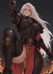 1girls adepta_sororitas ai_generated armor exposed_pussy flashing_pussy long_hair power_armor pussy sister_of_battle smile solo solo_female tagme warhammer_(franchise) warhammer_40k white_hair