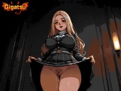 1girl 2d 2d_(artwork) ai_art ai_assisted ai_edit ai_generated blonde_hair dithering from_below gigatsu inviting_to_sex lifting_skirt limited_palette no_panties patreon patreon_username pixel_(artwork) pixel_art pubic_hair pussy_juice retro retro_artstyle seductive seductive_eyes