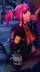 1boy 1girls 3d 3d_(artwork) big_breasts blowjob_face choker fortnite fortnite:_battle_royale kneeling leather_jacket looking_at_viewer middle_finger pink_hair power_punk_(fortnite) sucking topless topless_female twintails
