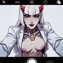 1girl ai_generated android areola areolae breasts breasts_out cum cum_drip cum_dripping cum_on_body cum_on_breasts cum_on_face cum_on_mouth cum_string eyebrows eyelashes facial falewii female female_focus jacket lips lipstick looking_at_viewer mechanical mechanical_arm mechanical_arms mechanical_horns mechanical_leg mechanical_legs medium_breasts nipples nose oni_horns overwatch red_eyes red_lips robot robot_girl robot_joints robotic robotic_arm self_upload selfie shion_(overwatch) simple_background viewfinder white_body white_hair white_jacket