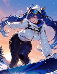 1girl 1girls :d ahoge ai_generated balecxi beanie black_pants blue_eyes blue_hair blush boots breasts breath clothing curvaceous curvaceous_female curvaceous_figure curvy curvy_figure female female_focus gloves goggles goggles_on_head hair_between_eyes hat iuno_(wuthering_waves) jacket large_breasts long_hair long_sleeves mountain multicolored_hair open_mouth outdoors pants ski_goggles sky smile snow snowing solo sun sunset teeth thick_thighs thighs tree twintails upper_teeth_only very_long_hair voluptuous voluptuous_female white_gloves white_headwear white_jacket winter winter_clothes wuthering_waves