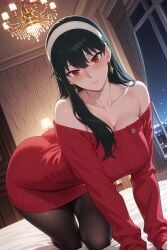 1girl ai_generated all_fours bangs bare_shoulders bed black_hair black_legwear blush breasts cleavage closed_mouth collarbone dress earrings hair_between_eyes hairband hi_res high_quality high_resolution hoop_earrings indoors jewelry kiraamane large_breasts long_hair long_sleeves looking_at_viewer off-shoulder_sweater off_shoulder on_bed pantyhose patreon red_dress red_eyes seductive sexy solo sweater sweater_dress uncensored watermark yor_briar