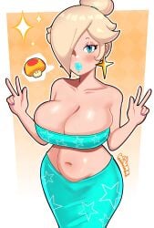 1girls alternate_version_available ass_in_dress big_breasts big_lips bimbo bimbo_lips blonde_hair blue_dress blue_eyes blue_lips blue_lipstick blue_tube_top blush bottomwear breasts cleavage curvaceous curvy curvy_figure double_peace_sign dress ear_piercing earrings female female_only front_view hair_over_one_eye half-closed_eyes hips huge_breasts lips lipstick long_dress long_skirt mario_(series) mushroom nail_polish nails nintendo parted_lips peace_sign princess_rosalina purple_nail_polish purple_nails skirt solo solo_female sparkles speech_bubble star star_earrings thick_lips thighs tied_hair topwear tubetop veiny_breasts wide_hips wiluma