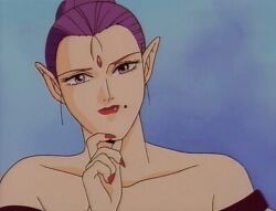 1990s_(style) 1993 1girl 1girls animated animated_gif ass bindi blush breasts collarbone demon_girl ears female fingernails hair_bun light_rays lipstick long_fingernails lowres makeup mature_female medium_breasts mole mole_under_mouth nail_polish nightgown pointy_ears purple_eyes purple_hair queen red_nails retro_artstyle spread_legs tagme tan youjuu_sensen_adventure_kid